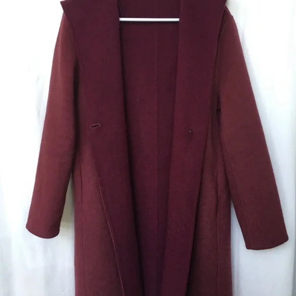 Uniqlo double faced wool blend coat with hood - maroon - oversized XS - Picture 3 of 15